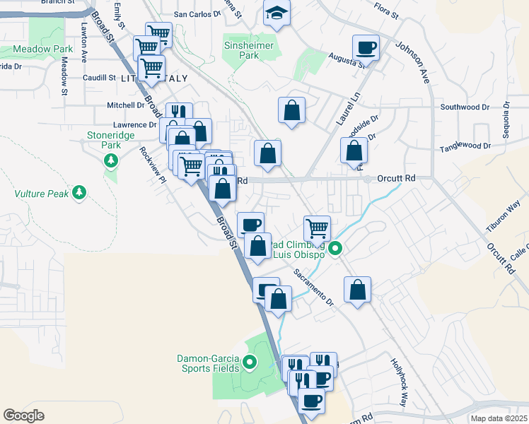 map of restaurants, bars, coffee shops, grocery stores, and more near 836 Basil Lane in San Luis Obispo