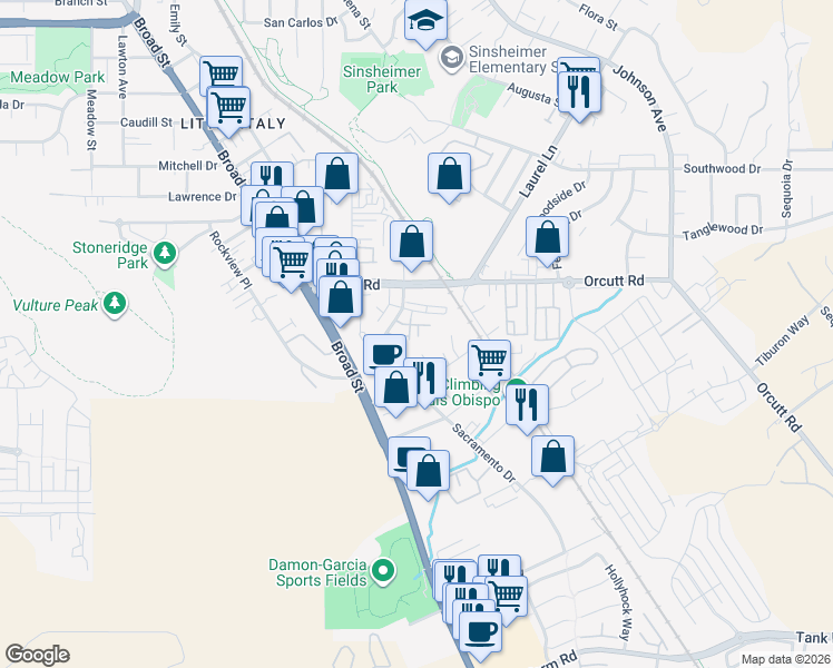 map of restaurants, bars, coffee shops, grocery stores, and more near 3438 Miguelito Court in San Luis Obispo