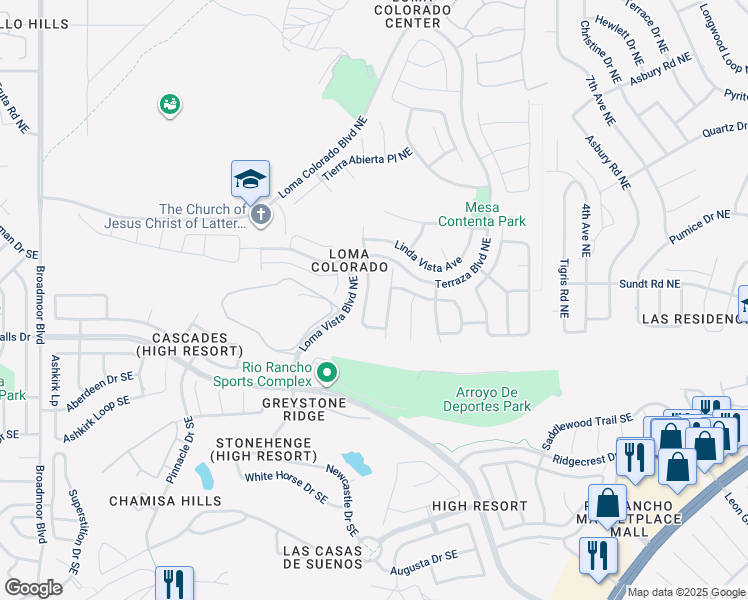 map of restaurants, bars, coffee shops, grocery stores, and more near 100 Los Miradores Drive Northeast in Rio Rancho