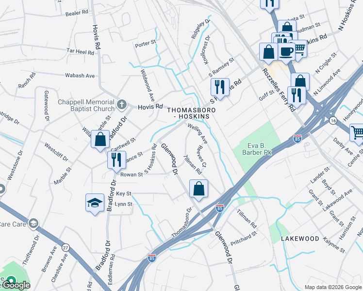 map of restaurants, bars, coffee shops, grocery stores, and more near 4416 Tillman Road in Charlotte