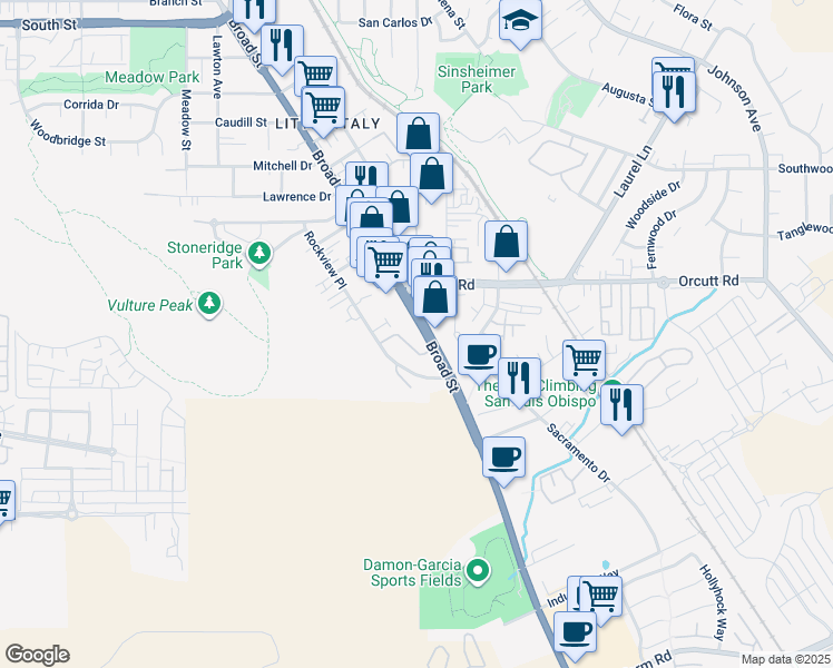 map of restaurants, bars, coffee shops, grocery stores, and more near 3335 Broad Street in San Luis Obispo
