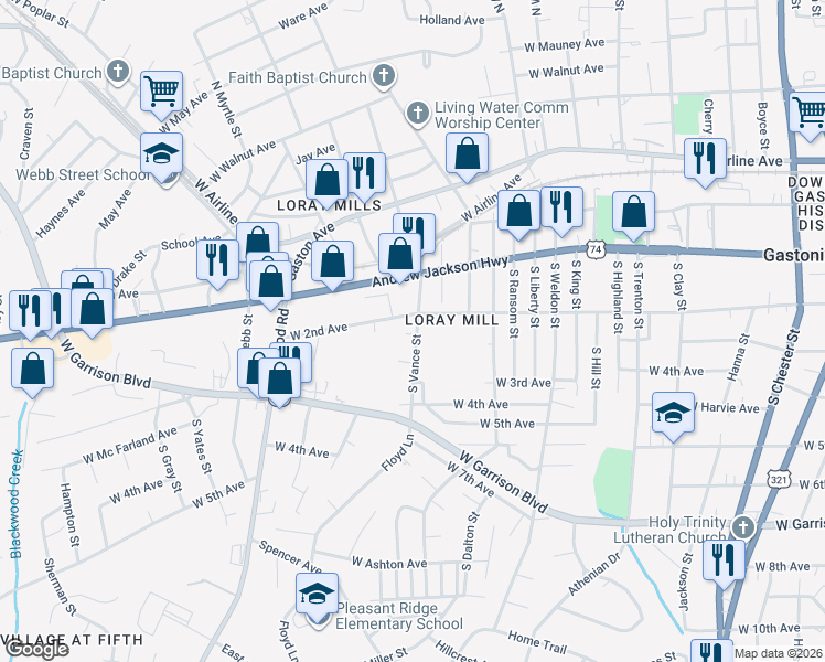 map of restaurants, bars, coffee shops, grocery stores, and more near 1208 West 2nd Avenue in Gastonia