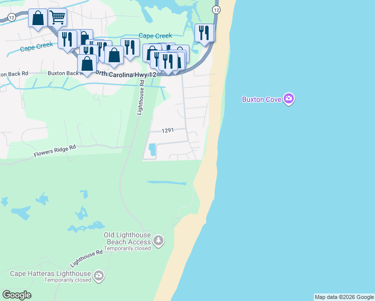 map of restaurants, bars, coffee shops, grocery stores, and more near 46261 Old Lighthouse Road in Buxton