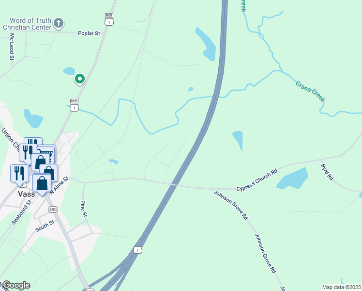 map of restaurants, bars, coffee shops, grocery stores, and more near in Vass
