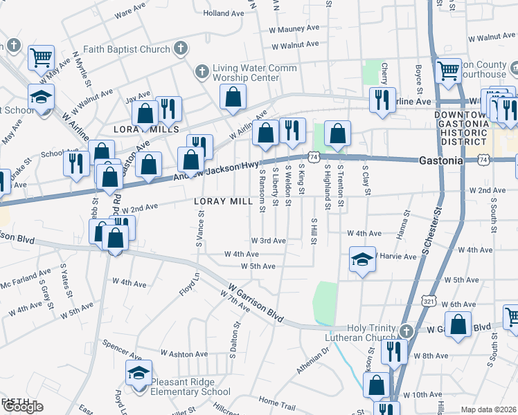 map of restaurants, bars, coffee shops, grocery stores, and more near 1006 West 2nd Avenue in Gastonia