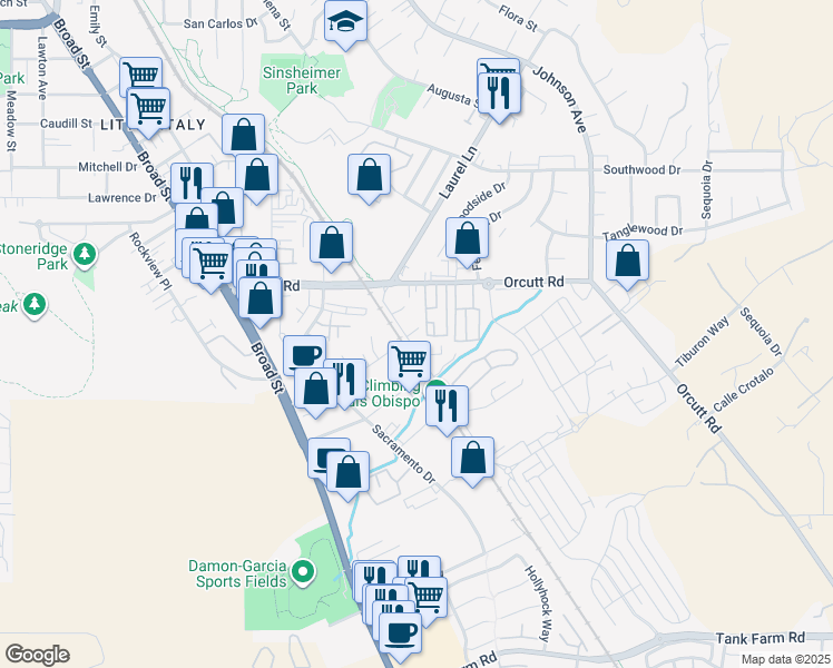 map of restaurants, bars, coffee shops, grocery stores, and more near 1121 Orcutt Road in San Luis Obispo