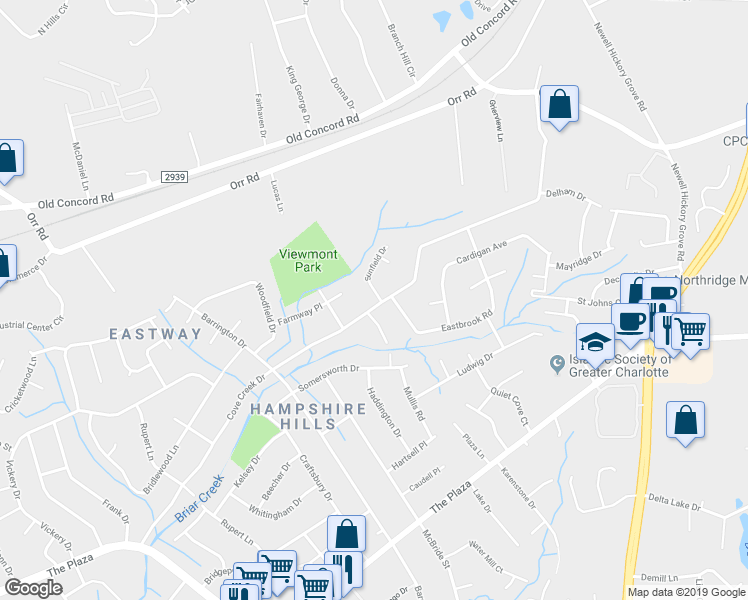 map of restaurants, bars, coffee shops, grocery stores, and more near 6639 Cove Creek Drive in Charlotte