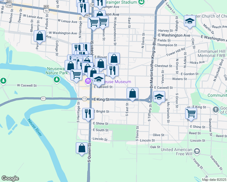 map of restaurants, bars, coffee shops, grocery stores, and more near 208 East Caswell Street in Kinston