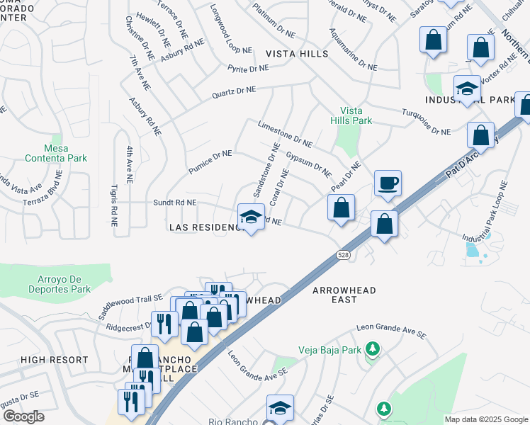 map of restaurants, bars, coffee shops, grocery stores, and more near 162 Coral Drive Northeast in Rio Rancho