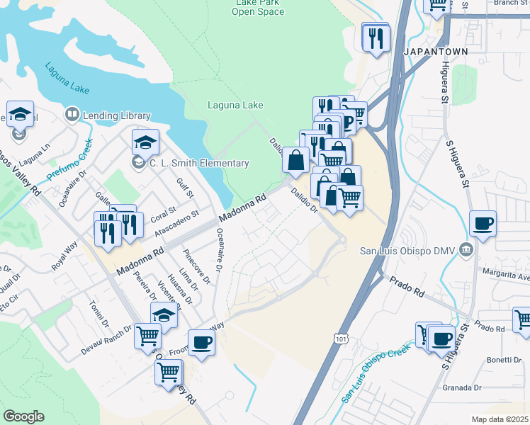 map of restaurants, bars, coffee shops, grocery stores, and more near 1655 Dalidio Drive in San Luis Obispo