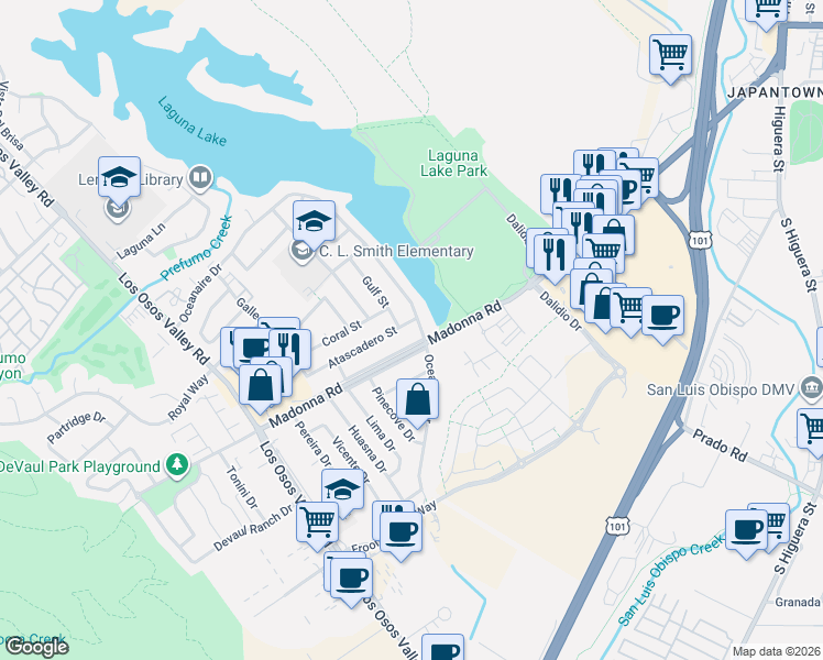 map of restaurants, bars, coffee shops, grocery stores, and more near 1550 Gulf Street in San Luis Obispo