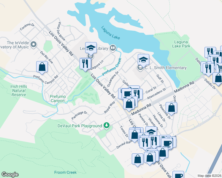 map of restaurants, bars, coffee shops, grocery stores, and more near 1320 Cavalier Lane in San Luis Obispo