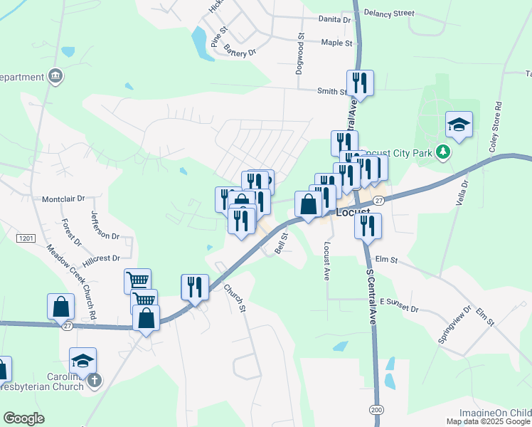 map of restaurants, bars, coffee shops, grocery stores, and more near 236 Market Street in Locust