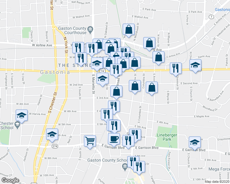 map of restaurants, bars, coffee shops, grocery stores, and more near 313 South Broad Street in Gastonia