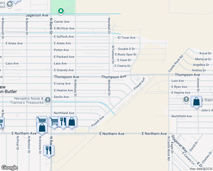 map of restaurants, bars, coffee shops, grocery stores, and more near 3230 Leroy Avenue in Kingman