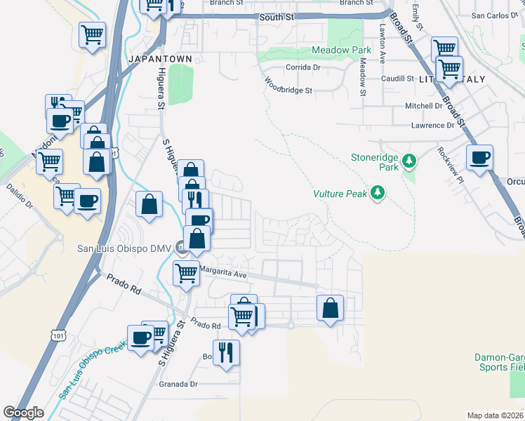 map of restaurants, bars, coffee shops, grocery stores, and more near 3057 South Higuera Street in San Luis Obispo