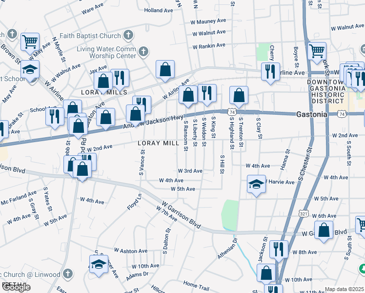map of restaurants, bars, coffee shops, grocery stores, and more near 307 South Ransom Street in Gastonia