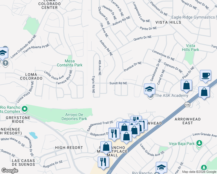 map of restaurants, bars, coffee shops, grocery stores, and more near 301 Asbury Road Northeast in Rio Rancho