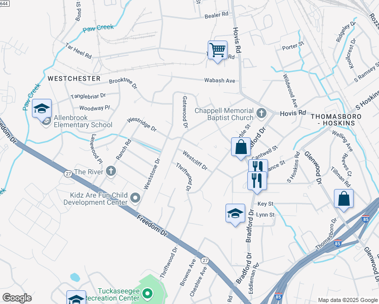 map of restaurants, bars, coffee shops, grocery stores, and more near 4220 Westcliff Drive in Charlotte