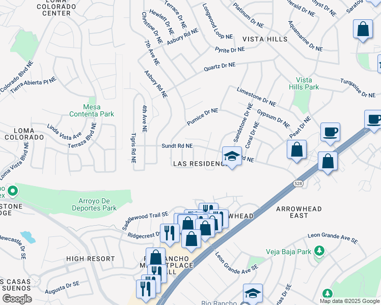 map of restaurants, bars, coffee shops, grocery stores, and more near 142 Pumice Loop Northeast in Rio Rancho