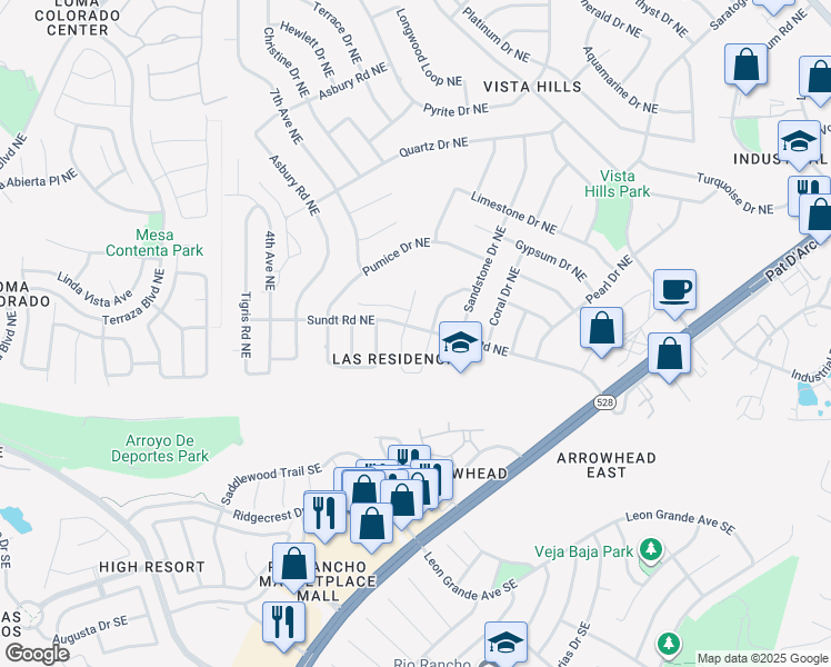 map of restaurants, bars, coffee shops, grocery stores, and more near 4400 Sundt Road Northeast in Rio Rancho