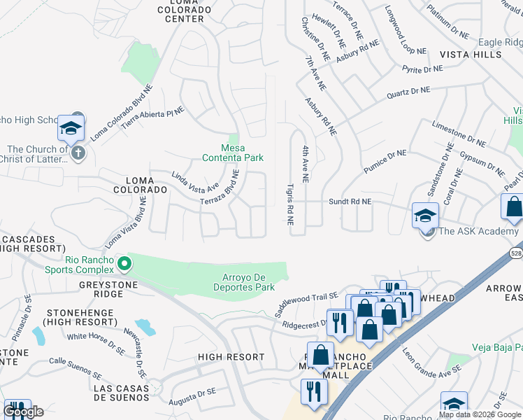 map of restaurants, bars, coffee shops, grocery stores, and more near 312 Paseo Vista Loop Northeast in Rio Rancho