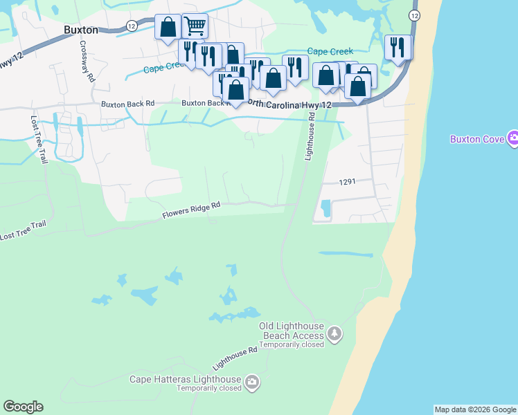 map of restaurants, bars, coffee shops, grocery stores, and more near 46116 Flowers Ridge Road in Buxton