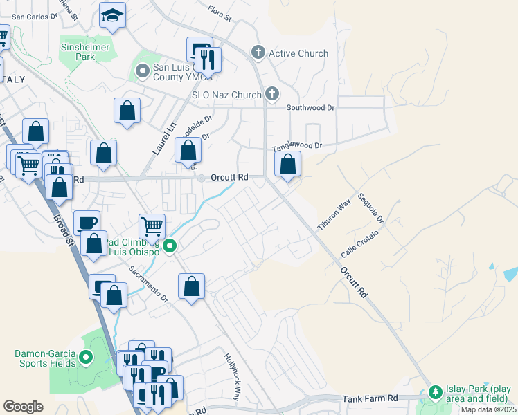 map of restaurants, bars, coffee shops, grocery stores, and more near 3711 Orcutt Road in San Luis Obispo