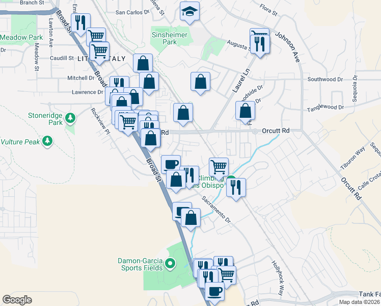 map of restaurants, bars, coffee shops, grocery stores, and more near 906 Bay Leaf Drive in San Luis Obispo
