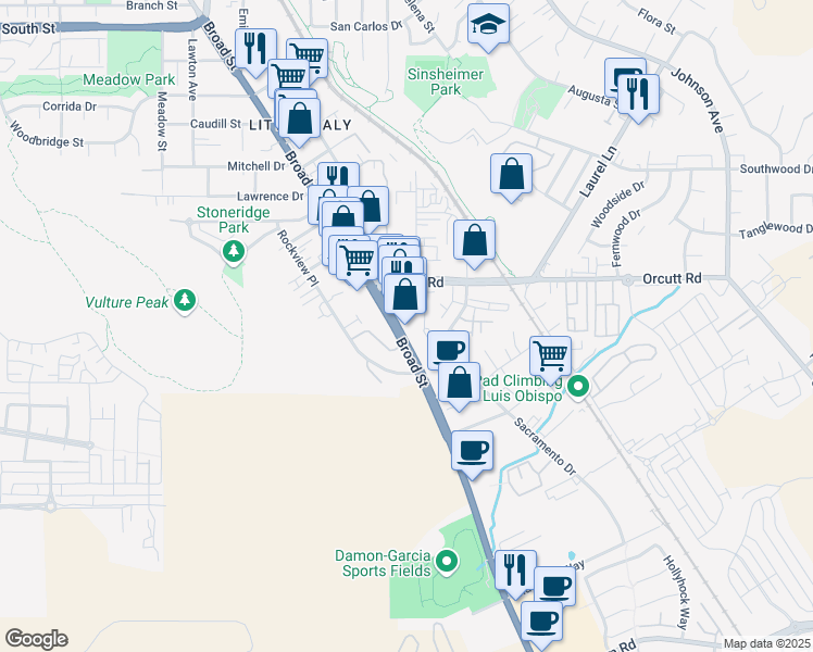 map of restaurants, bars, coffee shops, grocery stores, and more near 801 Orcutt Road in San Luis Obispo