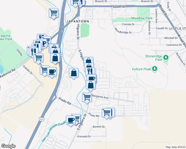 map of restaurants, bars, coffee shops, grocery stores, and more near 3057 South Higuera Street in San Luis Obispo