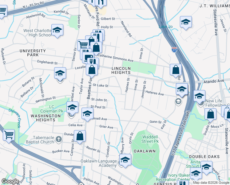 map of restaurants, bars, coffee shops, grocery stores, and more near 1913 Saint Luke Street in Charlotte