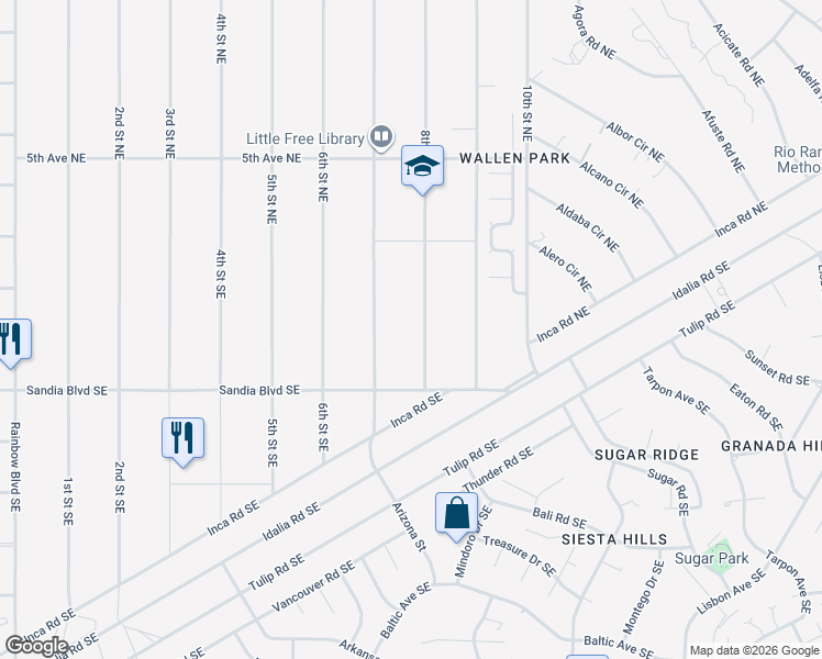 map of restaurants, bars, coffee shops, grocery stores, and more near 5704 Rio Lama Road Northeast in Rio Rancho
