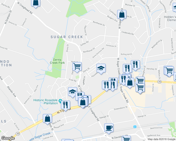 map of restaurants, bars, coffee shops, grocery stores, and more near 3836 Glory Street in Charlotte