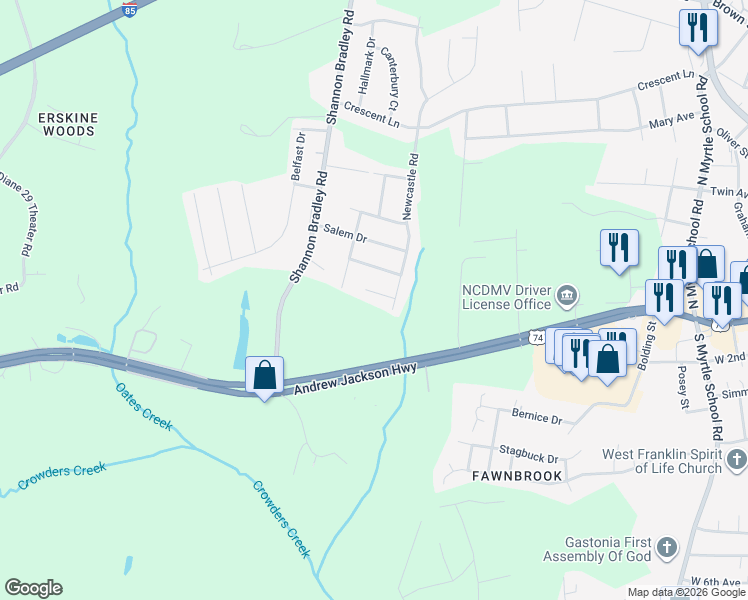 map of restaurants, bars, coffee shops, grocery stores, and more near 3028 Daisy Court in Gastonia