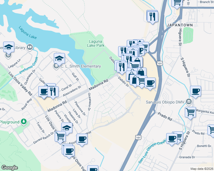 map of restaurants, bars, coffee shops, grocery stores, and more near 1655 Dalidio Drive in San Luis Obispo