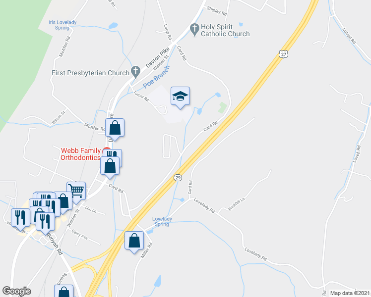 map of restaurants, bars, coffee shops, grocery stores, and more near 10593 Card Road in Soddy-Daisy