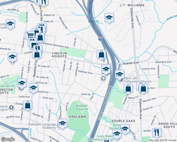 map of restaurants, bars, coffee shops, grocery stores, and more near 1919 Erie Street in Charlotte