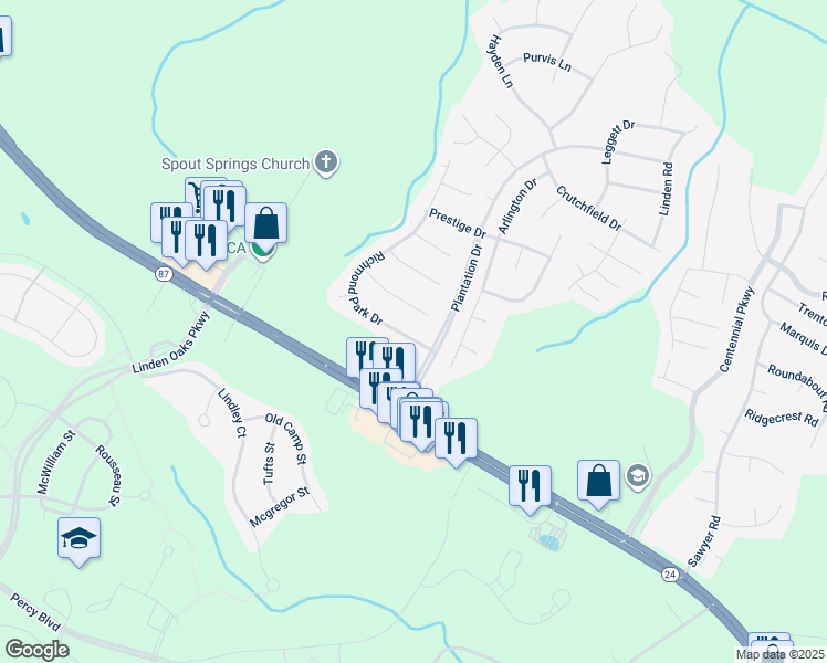 map of restaurants, bars, coffee shops, grocery stores, and more near 50 Richmond Park Drive in Cameron