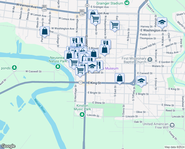 map of restaurants, bars, coffee shops, grocery stores, and more near 115-117 East Caswell Street in Kinston