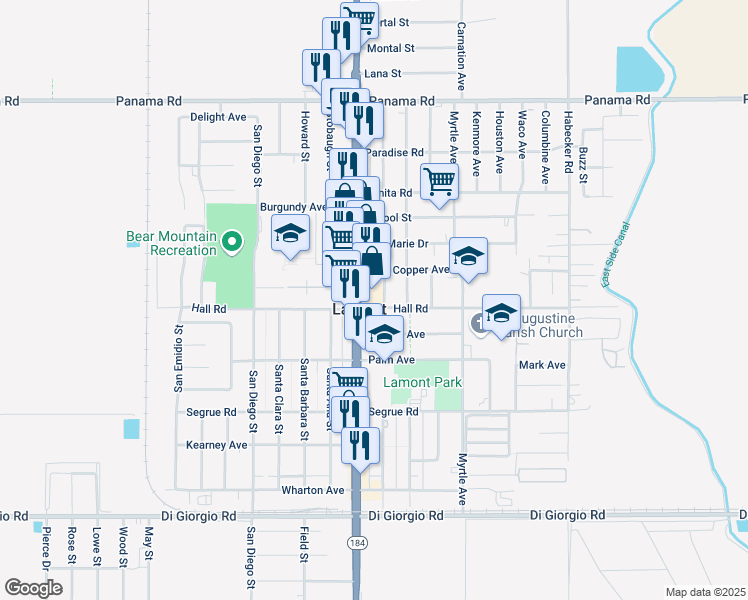 map of restaurants, bars, coffee shops, grocery stores, and more near 10405 Main Street in Lamont