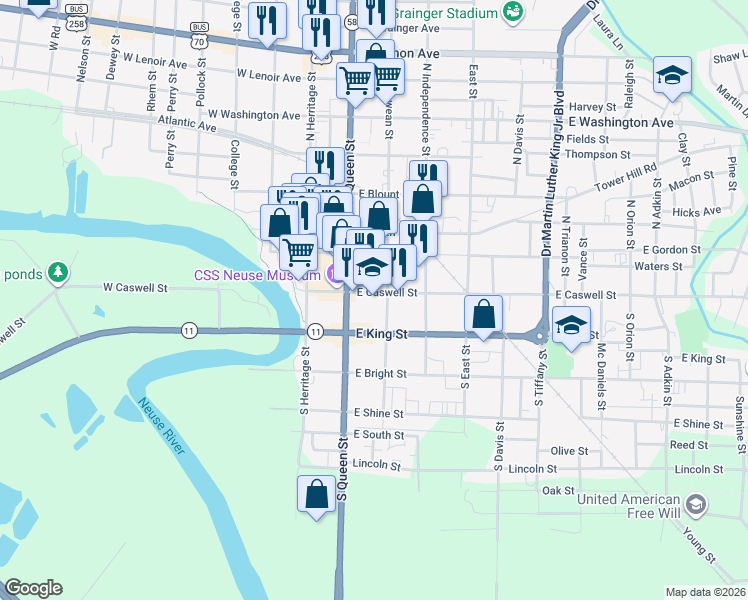 map of restaurants, bars, coffee shops, grocery stores, and more near in Kinston
