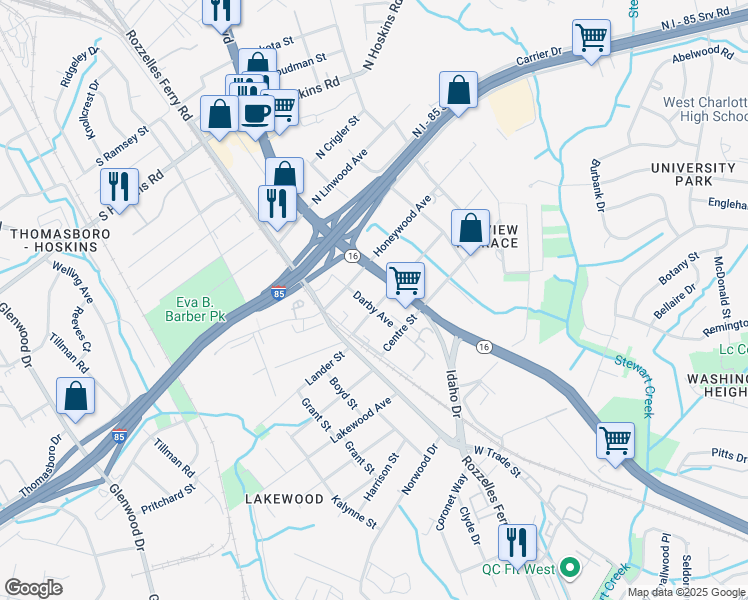 map of restaurants, bars, coffee shops, grocery stores, and more near 3514 Darby Avenue in Charlotte