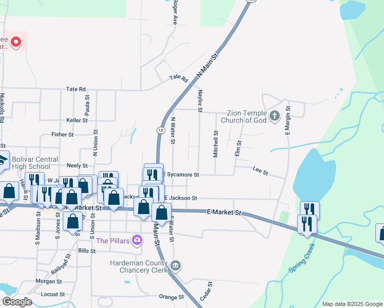 map of restaurants, bars, coffee shops, grocery stores, and more near 512 Johnson Street in Bolivar