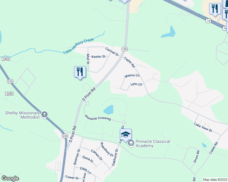 map of restaurants, bars, coffee shops, grocery stores, and more near 4010 Lynn Circle in Shelby