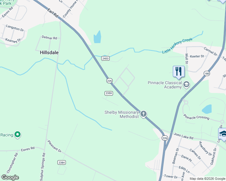 map of restaurants, bars, coffee shops, grocery stores, and more near 1301 Earl Road in Shelby