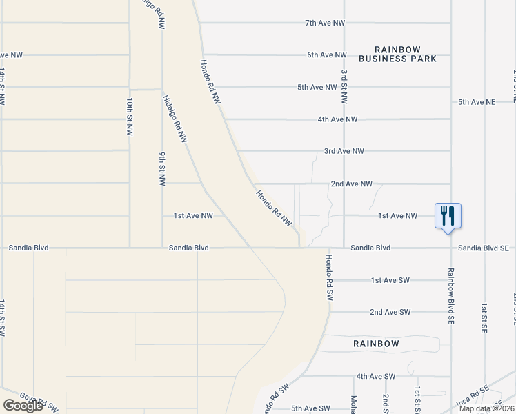 map of restaurants, bars, coffee shops, grocery stores, and more near 26 Hildalgo Road Northwest in Rio Rancho