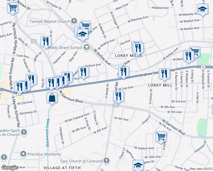 map of restaurants, bars, coffee shops, grocery stores, and more near 1501 West Franklin Boulevard in Gastonia