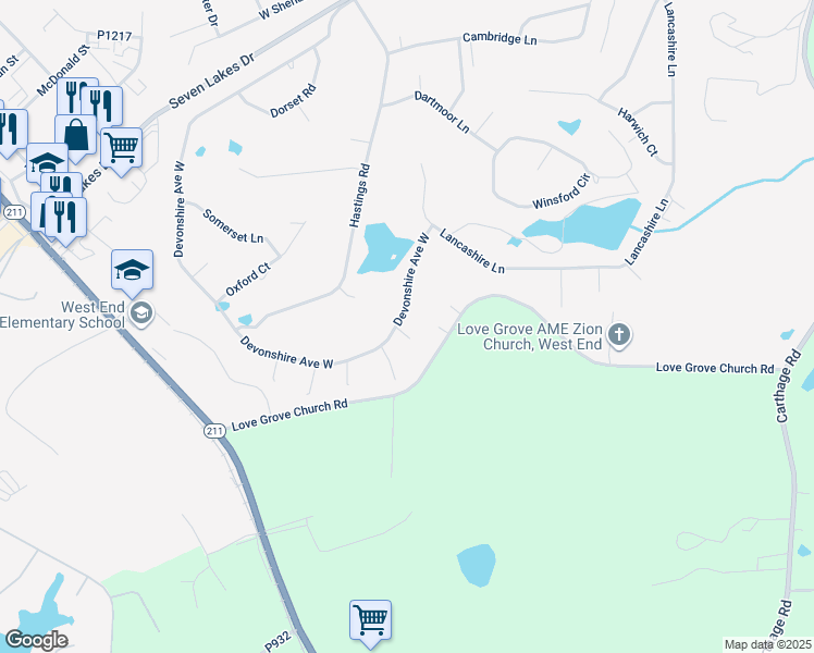 map of restaurants, bars, coffee shops, grocery stores, and more near Devonshire Avenue West in Seven Lakes