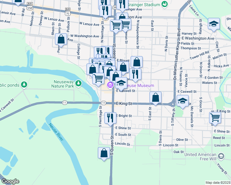 map of restaurants, bars, coffee shops, grocery stores, and more near 102 South Queen Street in Kinston